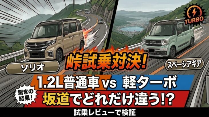 【峠試乗対決！】スペーシアギア ターボ vs ソリオ！軽ターボと1.2L普通車スライドドアは坂道でどれだけ違う！？ 試乗レビューで検証